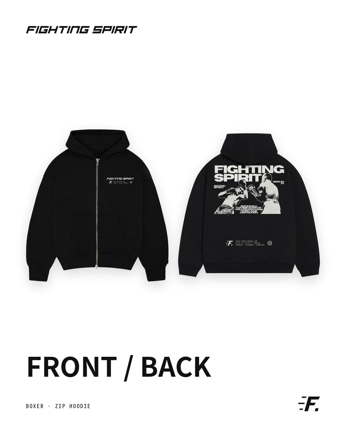 FIGHTING SPIRIT BOXER ZIP HOODIE — BLACK | FW26